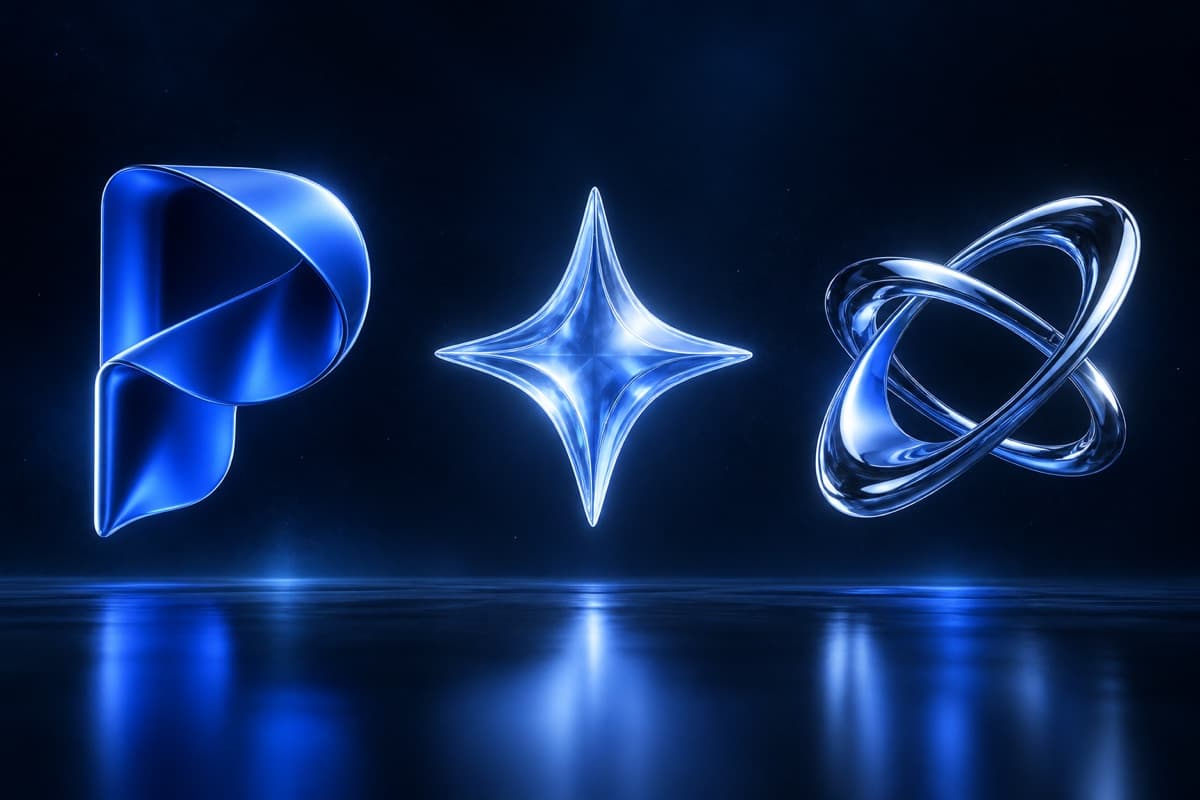 Sculptural cobalt ribbon, glass star, and chrome orbit — Pixion design inspiration
